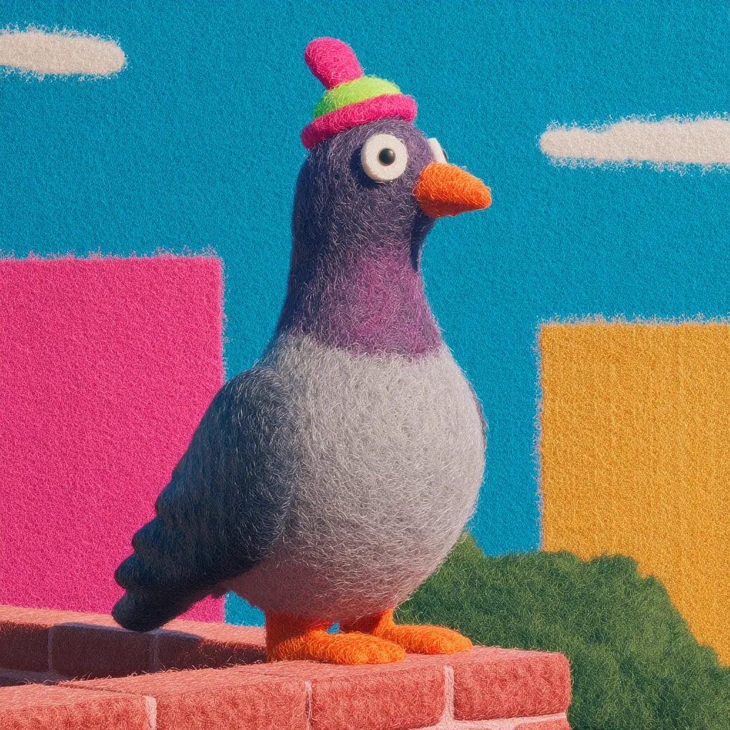 A fluffy, cartoonish pigeon, wearing a vibrant pink and green beanie, perches on a brick wall.  The background features stylized, textured blocks of pink, orange, and teal, against a sunny blue sky with simple white clouds. The pigeon's large eyes and orange beak add to its playful character. The overall style is whimsical and textured, suggesting a digital illustration or 3D render.