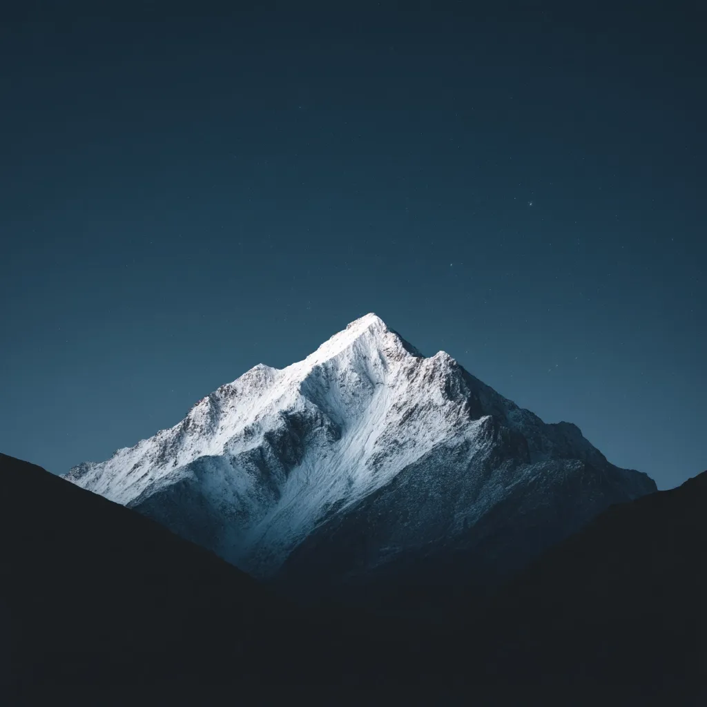 A majestic, snow-capped mountain peak dominates the frame against a deep twilight sky.  A few faint stars are visible in the dark blue expanse above.  The mountain's slopes are sharply defined, contrasting the dark silhouettes of lower mountains in the foreground.  The scene evokes a sense of serenity and vastness.