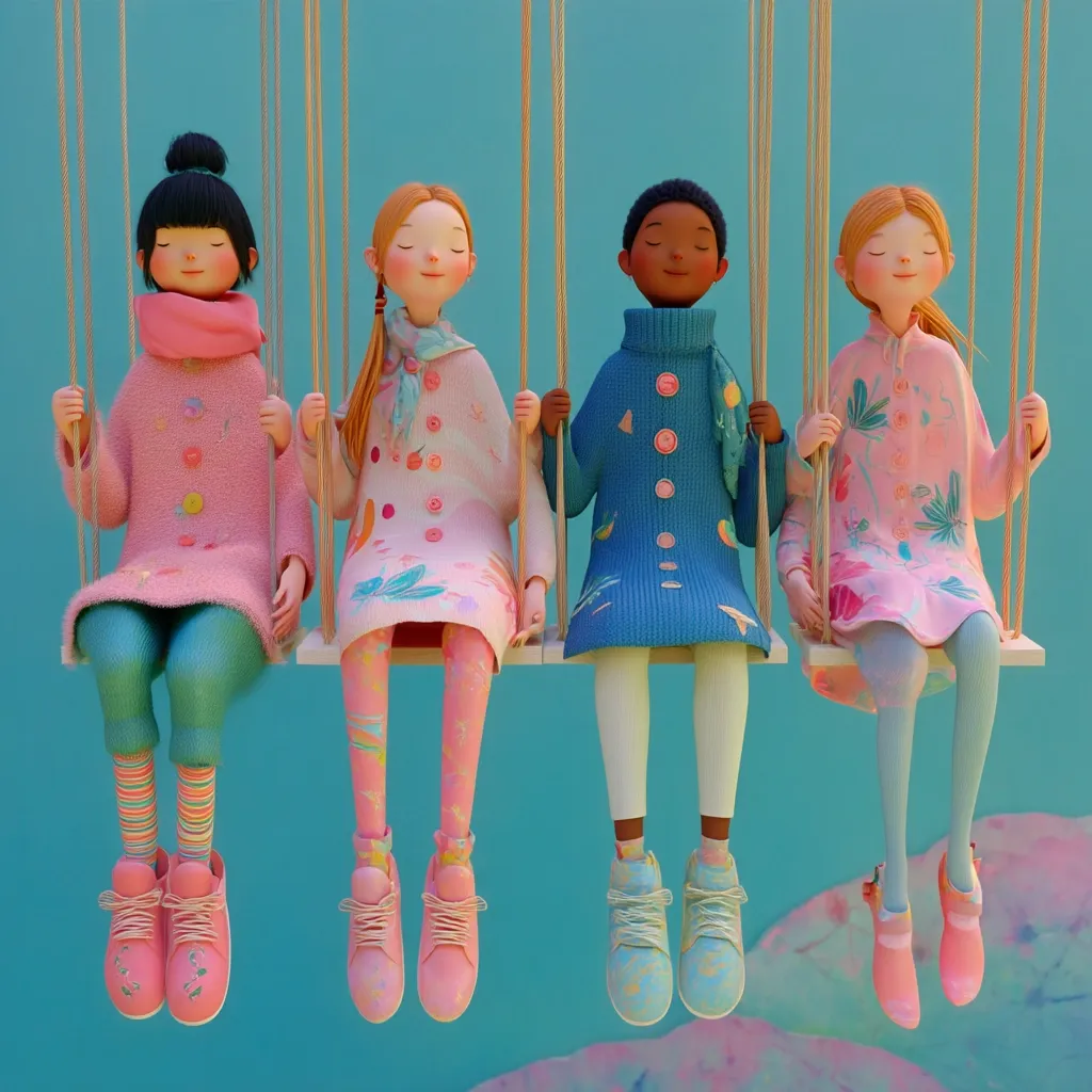 Four stylized dolls, each with unique features and pastel-colored clothing, sit side-by-side on swings against a light blue backdrop.  They wear colorful socks and shoes, and their expressions are serene.  The scene is whimsical and charming, suggesting a playful and inclusive atmosphere.  The overall aesthetic is soft and dreamy.