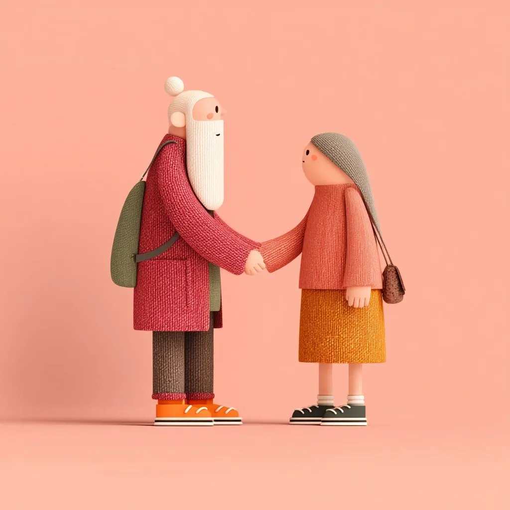 Two stylized 3D figures, an elderly man and a woman, stand against a pale pink background.  The man, with a long white beard and a red coat, carries a green backpack.  The woman, in a peach sweater and mustard-colored skirt, holds a small brown bag.  They are shaking hands, conveying a sense of connection and greeting.  The overall style is playful and charming.
