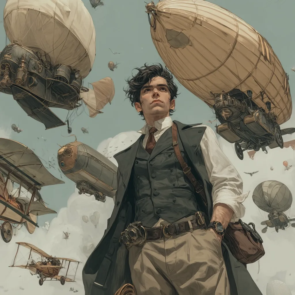 A young man, dressed in steampunk attire, stands amidst a sky filled with airships and biplanes. He wears a waistcoat, coat, and trousers, accessorized with a leather satchel and a wristwatch.  The airships vary in size and design, showcasing a blend of vintage and futuristic aesthetics. The overall scene evokes a sense of adventure and a fantastical, alternate world.