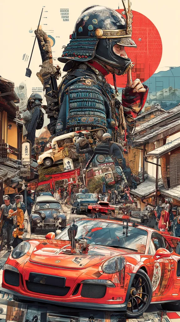 A vibrant collage blends a majestic samurai in full armor, subtly touching his lips, with a bustling Japanese street scene. Classic cars, including a bright orange Porsche, are interspersed with traditional architecture and pedestrians. The composition's rich detail and contrasting elements create a dynamic and visually striking image that celebrates both historical and modern Japanese culture. A large red circle, reminiscent of a rising sun, adds a symbolic touch.