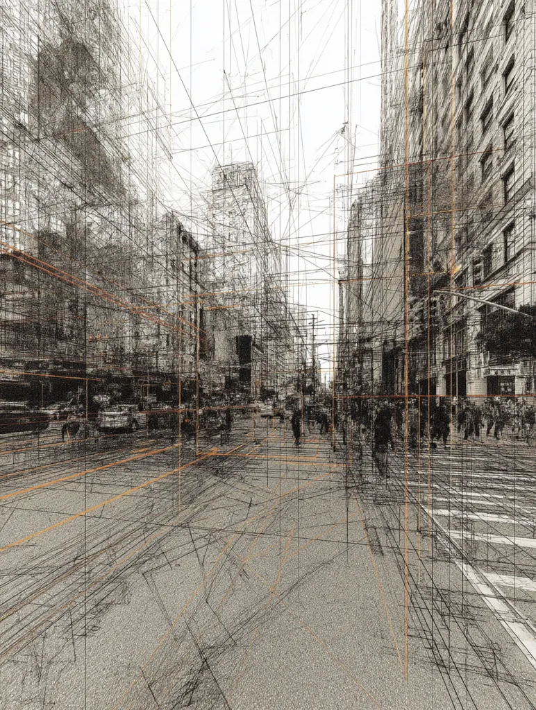 The image is an abstract depiction of a city street scene.  Overlapping lines create a three-dimensional effect, suggesting buildings, vehicles, and pedestrians. The style is reminiscent of a wireframe rendering or a sketch, with a grayscale palette and hints of orange lines adding structure.  The composition conveys a sense of urban density and movement, albeit in a stylized and somewhat chaotic manner.