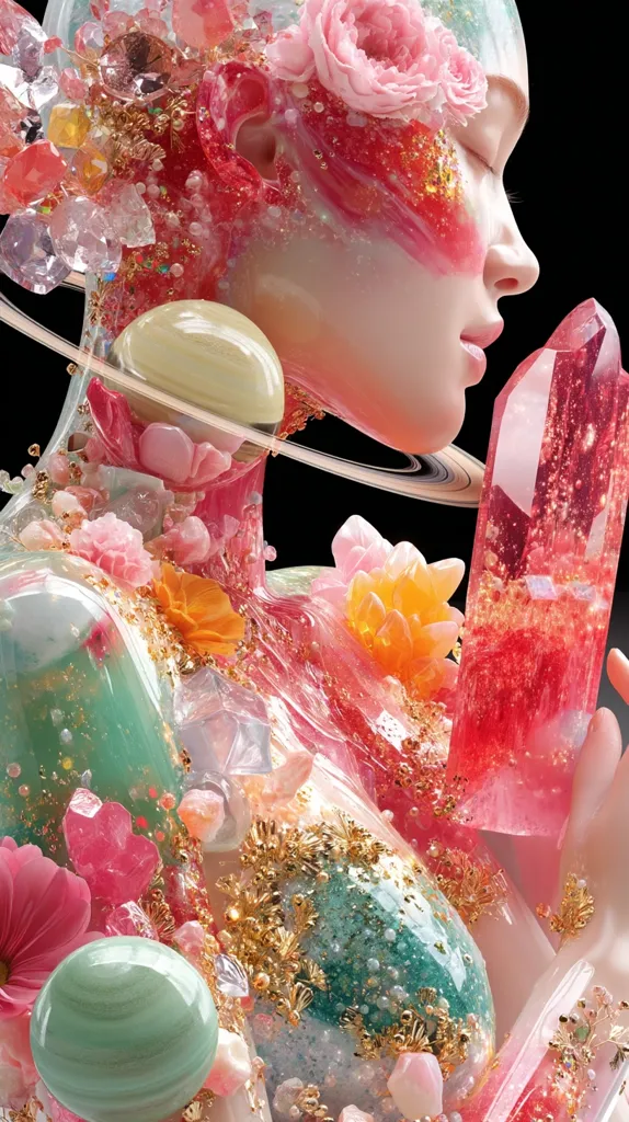 A digital artwork depicts a woman's form sculpted from translucent, pastel-colored resin, adorned with flowers, crystals, and gold leaf.  Her body is a blend of pink, green, and white, resembling a delicate, gemstone-encrusted sculpture.  She holds a large, sparkling red crystal, with smaller planets or orbs incorporated into the composition. The overall effect is one of ethereal beauty and delicate fragility.
