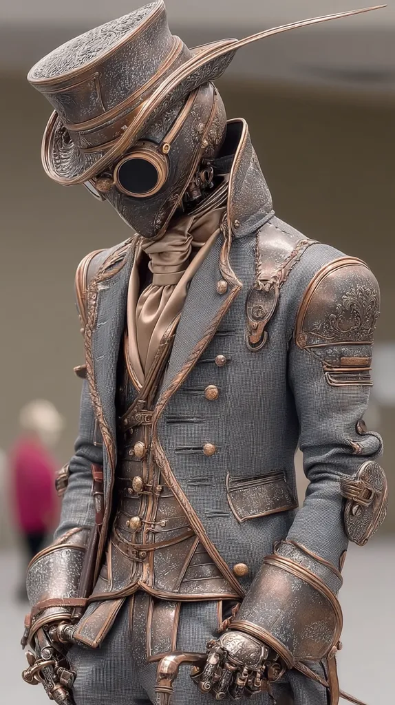A steampunk-inspired figure is depicted, wearing an intricately designed gray coat with bronze accents.  The figure's head is encased in a bronze helmet with goggles, topped by a tall, ornate top hat.  Mechanical hands are visible, and the overall aesthetic blends Victorian fashion with futuristic technology, creating a striking and detailed image. The figure appears to be holding a cane.