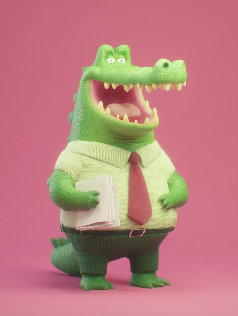 A cheerful, cartoon crocodile in a light green shirt and dark green pants stands against a pink background.  He's holding a stack of papers and wears a red tie, his wide grin revealing sharp teeth. The crocodile's jovial expression suggests a playful, possibly comedic, persona. The 3D-rendered style is smooth and brightly colored.