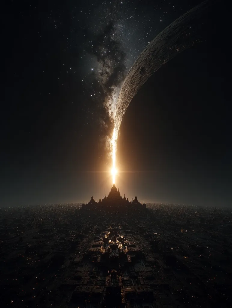 A futuristic cityscape sprawls beneath a colossal, crescent-shaped celestial body.  A brilliant beam of light erupts from the planet's edge, illuminating a central, towering structure within the city. The dark expanse of space, speckled with stars and a faint galaxy, forms a dramatic backdrop to this otherworldly scene. The image evokes a sense of awe and wonder, hinting at a powerful, perhaps cataclysmic, event.