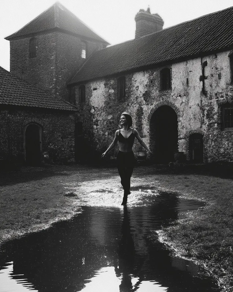 A black and white photograph captures a woman joyfully splashing through a puddle in a courtyard.  She wears a dark bra and pants, her hair is short, and she appears carefree. The backdrop is a large, aged stone building, possibly a castle or manor house, which adds a dramatic contrast to her lightheartedness. The image is moody and evocative, hinting at a sense of freedom and escape.