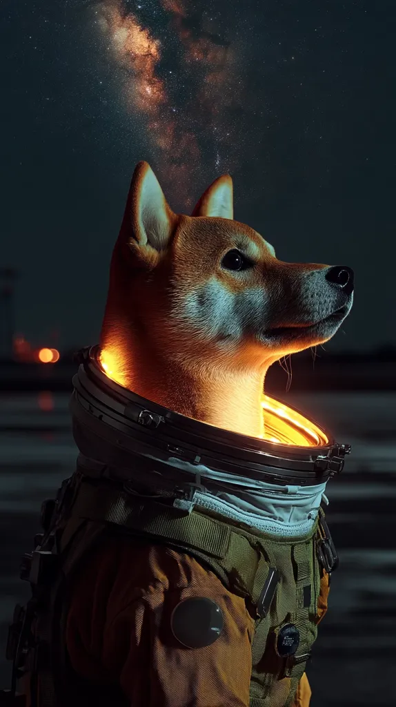 A Shiba Inu dog is depicted wearing an astronaut suit, illuminated by an orange glow within the helmet.  The background features a breathtaking view of the Milky Way galaxy, creating a surreal and captivating image. The dog's gaze is directed towards the cosmos, suggesting a sense of wonder and exploration. The overall aesthetic is dark, moody, and futuristic.