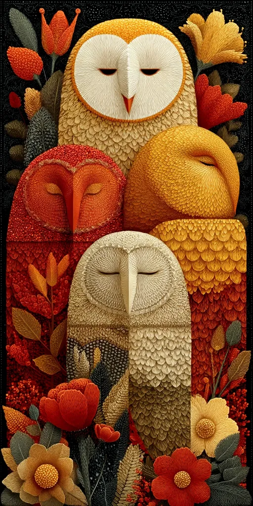 A richly detailed illustration showcases four owls nestled amongst autumnal flora.  The owls, rendered in warm tones of beige, orange, and red, appear serene with their eyes closed.  Surrounding them are intricately depicted flowers and leaves in shades of orange, red, and gold, creating a harmonious blend of nature and wildlife. The overall style is reminiscent of embroidery or textile art.
