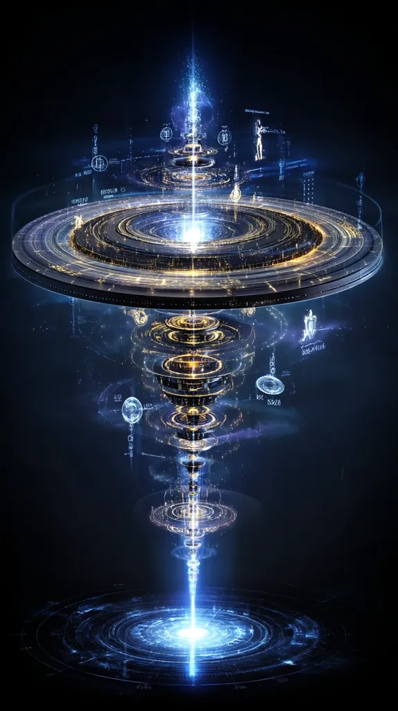 A digital artwork depicts a futuristic, swirling vortex of light and data.  Concentric rings and glowing pathways spiral upwards and downwards, connected by a central beam of intense blue light.  Small, translucent figures are visible within the structure, adding a sense of scale and activity.  The overall effect is one of cosmic energy and technological advancement.  Data streams and numerical readouts are subtly integrated into the design, enhancing the sense of complexity.