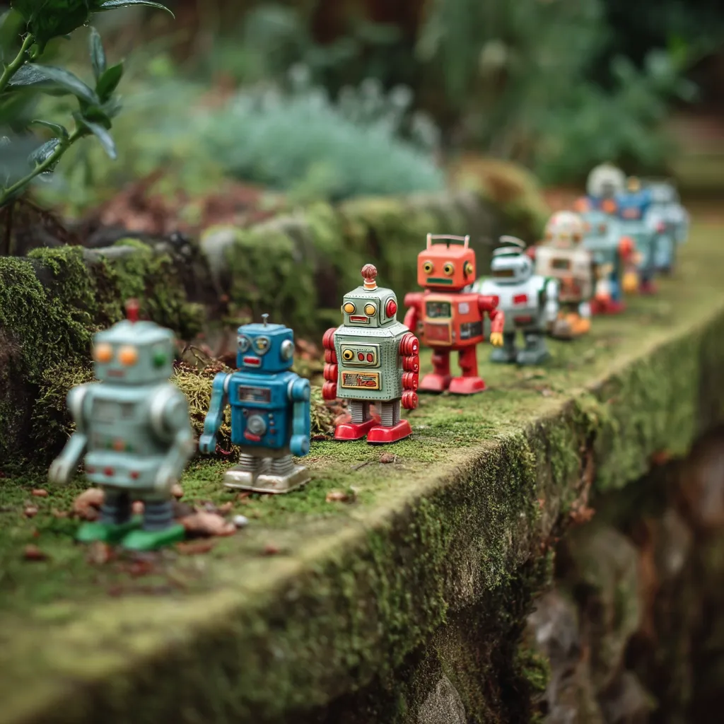 A line of vintage tin robots stands on a moss-covered stone wall, their metallic bodies showing signs of age and wear.  They are arranged in a procession, varying in color and design, from muted greens and blues to a vibrant red. The background is a blurred, lush green garden, enhancing the whimsical nature of the scene. The robots appear to be toy collectibles, evoking a sense of nostalgia and childhood wonder.