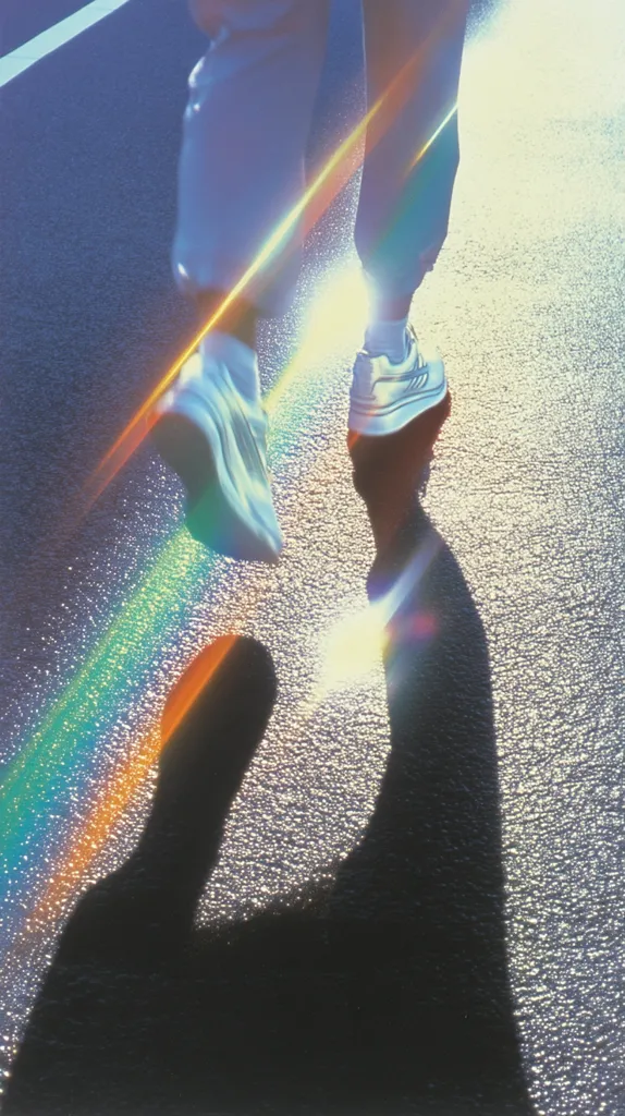 A person wearing light-colored pants and white sneakers walks on a dark asphalt road. Sunlight creates a rainbow-like lens flare and casts a long shadow behind the figure.  The image is stylized, with a focus on light and shadow interplay, giving a dreamy and ethereal feel. The focus is on the legs and feet in motion.