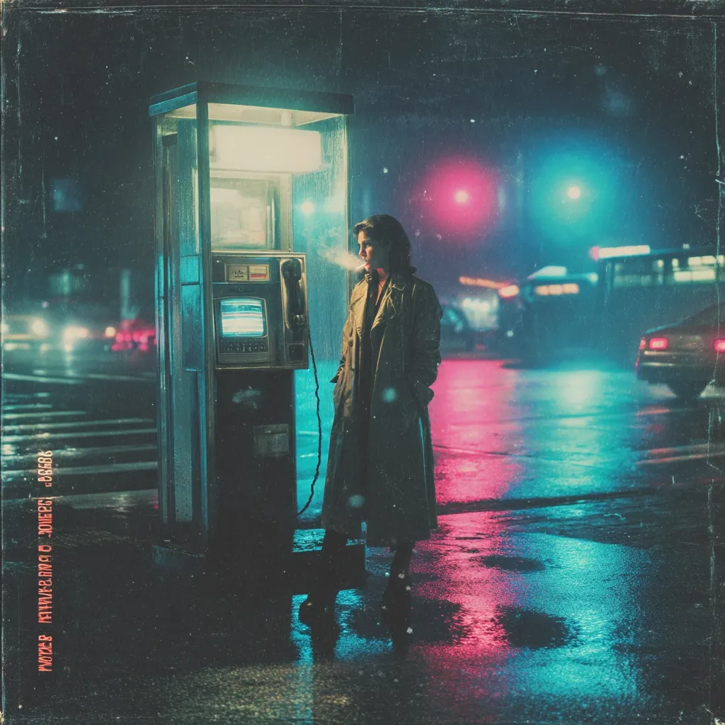 A woman in a long trench coat stands by a rain-slicked payphone on a dark, neon-lit street.  She smokes, her face partially obscured.  The scene is evocative of a 1980s film noir, with vibrant pink and teal reflections shimmering on the wet pavement.  The atmosphere is moody and atmospheric, hinting at loneliness and mystery.