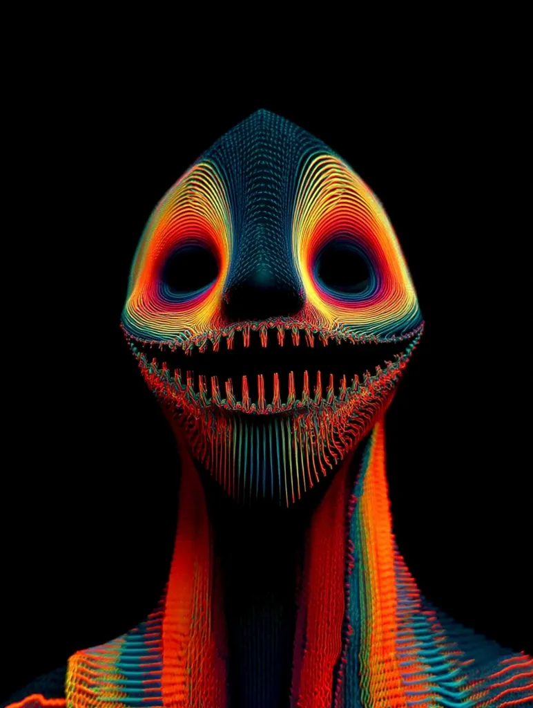 A vibrant, abstract portrait of a face-like form.  The figure is rendered in a mesmerizing array of multicolored lines, creating a textured, almost three-dimensional effect.  The colors are predominantly deep blues, oranges, and reds, glowing against a stark black background. The face displays a wide, unsettling grin, its features distorted yet strangely captivating. The overall effect is surreal and slightly unsettling.