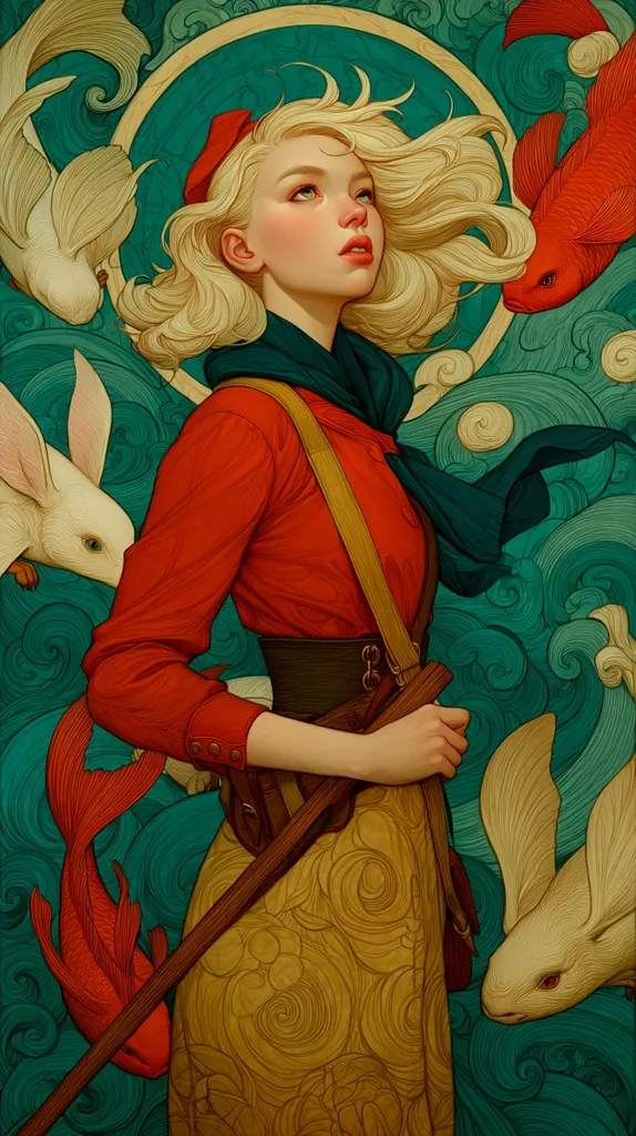 A young woman with blonde hair, wearing a red shirt and gold skirt, stands against a teal background adorned with swirling patterns.  She holds a long wooden staff and is surrounded by stylized imagery of white rabbits and red koi fish.  Her expression is serene, her gaze directed upward. The art style is reminiscent of Art Nouveau, with intricate detailing and a fantastical quality.