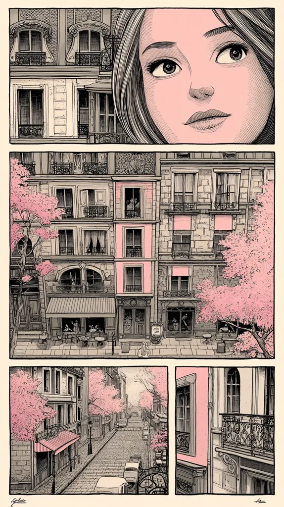 A graphic novel-style illustration depicts a young woman's pensive face in the top panel.  The remaining panels showcase a charming Parisian street scene, filled with pastel-colored buildings, blossoming cherry trees, and quaint cafes.  The detailed artwork creates a romantic and nostalgic atmosphere.  The street's cobblestones and the architecture suggest a serene, possibly springtime, setting.