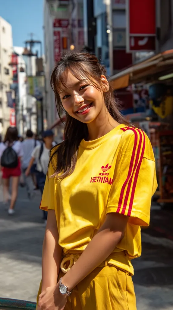 A young woman with long brown hair smiles brightly while standing on a bustling city street. She's wearing a vibrant yellow Adidas t-shirt with red stripes and matching yellow pants. The "VIETNAM" lettering is visible on her shirt.  The background is blurred, showing the busy street life of a city in Asia.  She wears a watch on her left wrist. The overall impression is one of cheerful energy and urban style.