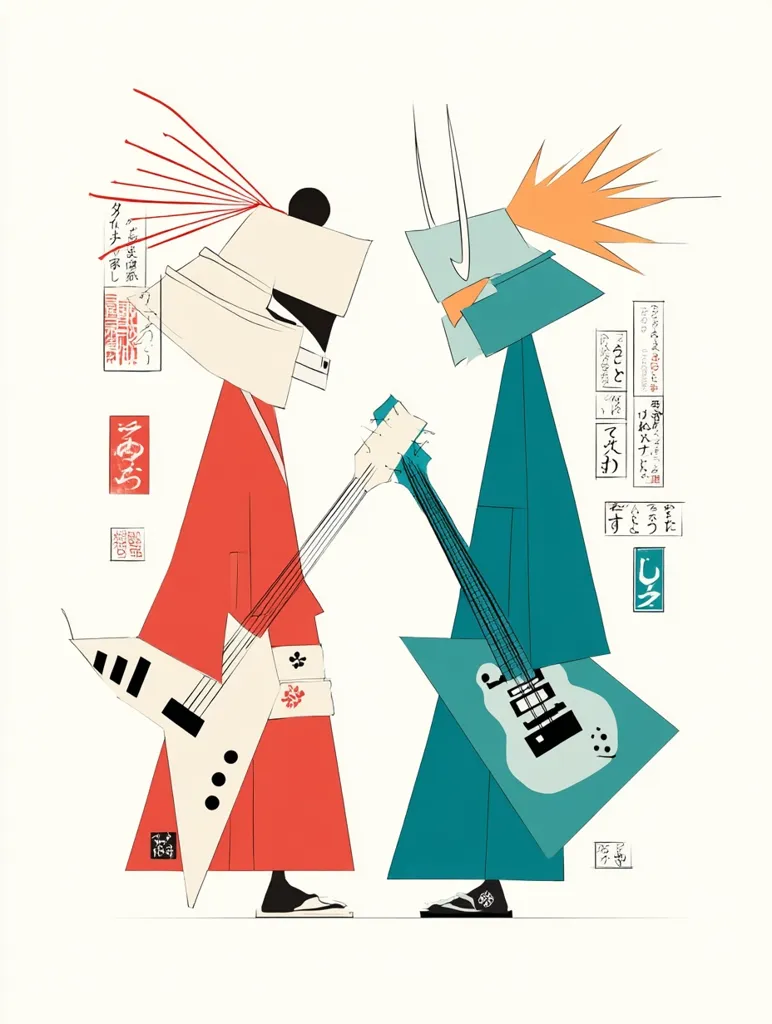 A stylized artwork depicts two figures in kimono-like garments, each holding an electric guitar.  Their heads are abstract shapes with geometric features, reminiscent of helmets or masks.  The color palette is bold, with coral and teal dominating.  Japanese text is incorporated into the design, adding a cultural layer to the piece. The overall style blends traditional Japanese aesthetics with modern elements, suggesting a fusion of cultures.