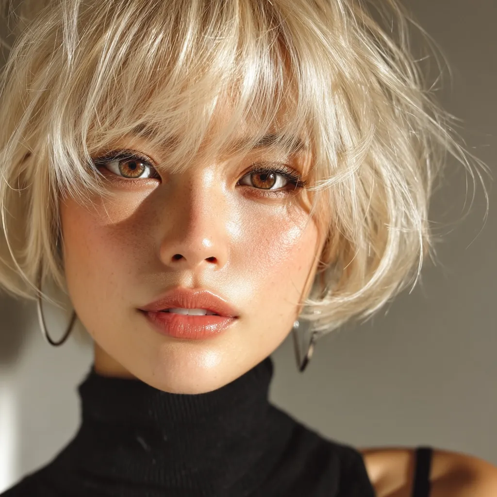 Close-up portrait of a young woman with a short, blonde, textured bob haircut.  She has a natural makeup look, highlighting her dewy skin and warm-toned eyes.  Her expression is serene and captivating. She's wearing a black turtleneck top and simple hoop earrings. The sunlight illuminates her face, creating a soft, ethereal glow.