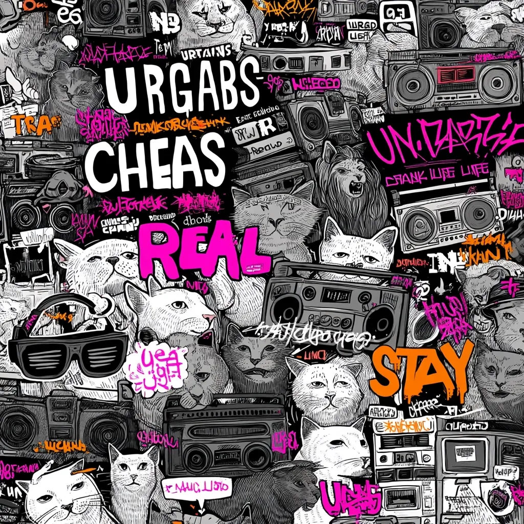 A vibrant collage bursts with graffiti-style artwork.  The central text "URGABS-CHEAS REAL STAY" is prominently displayed in bold lettering.  Surrounding this are numerous illustrations of cats, boomboxes, and various street art elements, creating a dynamic and energetic visual. The overall style is reminiscent of 80s and 90s hip-hop culture.  Grayscale dominates the cat and boombox imagery, contrasted by bright pink and orange lettering.