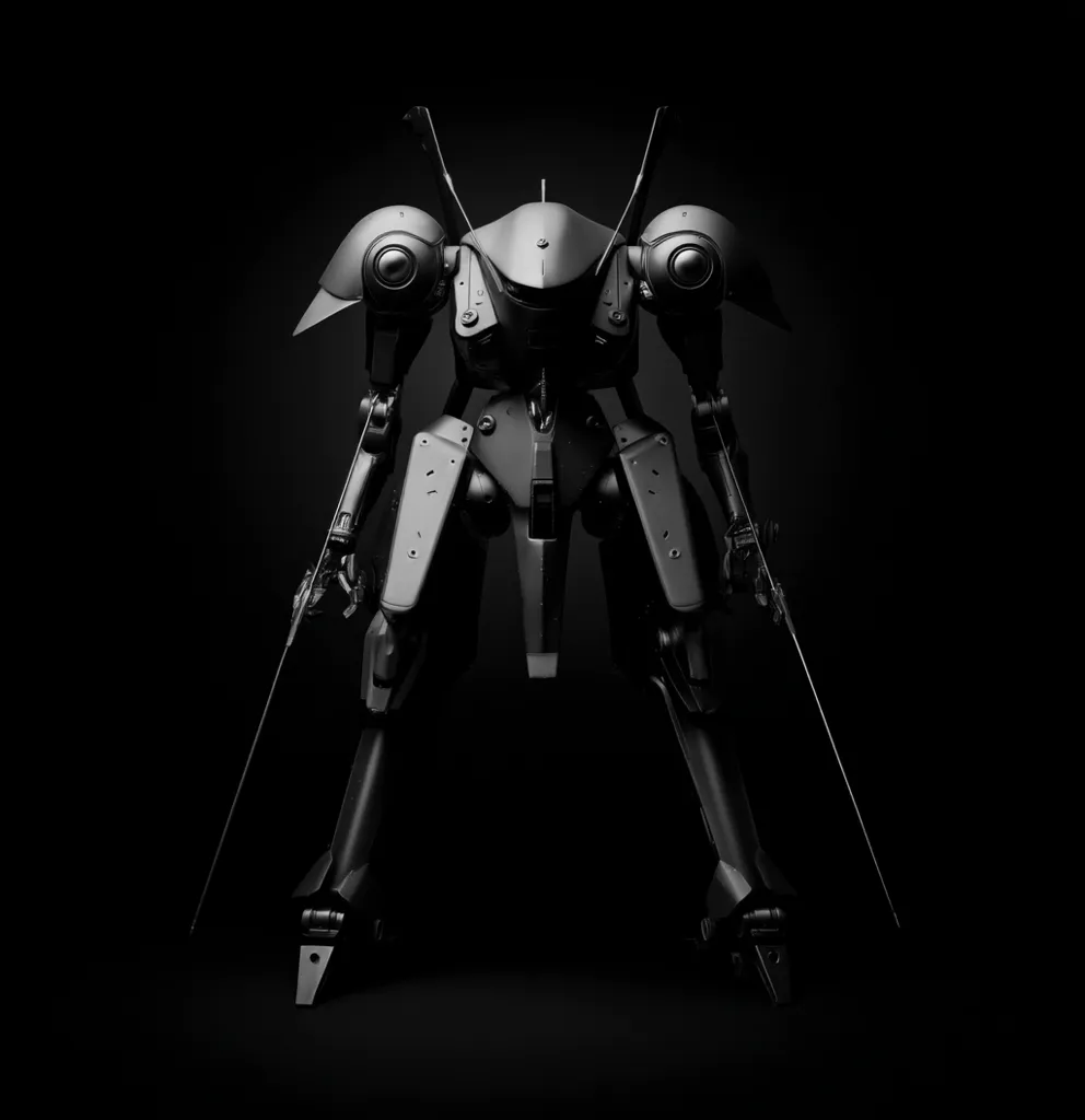 A sleek, dark grey mecha stands against a black backdrop.  Its design is angular and imposing, with long, slender legs and arms, ending in what appear to be bladed weapons. The mecha's head is helmet-like, featuring rounded sensors or protrusions. The overall aesthetic suggests a powerful, silent warrior.  The lighting emphasizes its form, creating stark shadows.