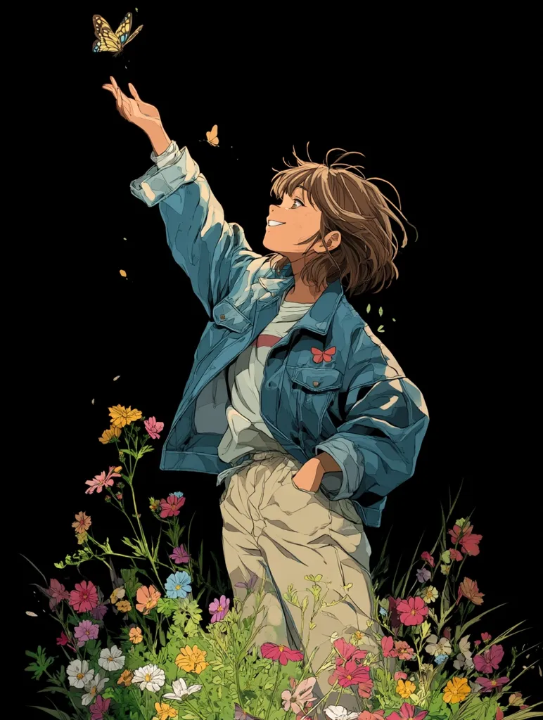 A stylized illustration showcases a young woman with shoulder-length brown hair, dressed in a denim jacket and light beige pants.  She stands amidst a vibrant field of wildflowers, her arm gracefully extended upward to gently touch a butterfly in flight.  The artwork is rendered in a vivid, almost painterly style, against a stark black background.  The overall mood is serene and joyful, emphasizing the beauty of nature and a moment of peaceful connection.