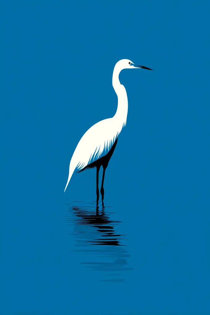 A stylized illustration depicts a white egret standing in calm blue water.  The bird is rendered in a minimalist style with stark black and white against a solid blue background.  Its reflection is visible in the water, mirroring its elegant form.  The image evokes a sense of tranquility and serenity.