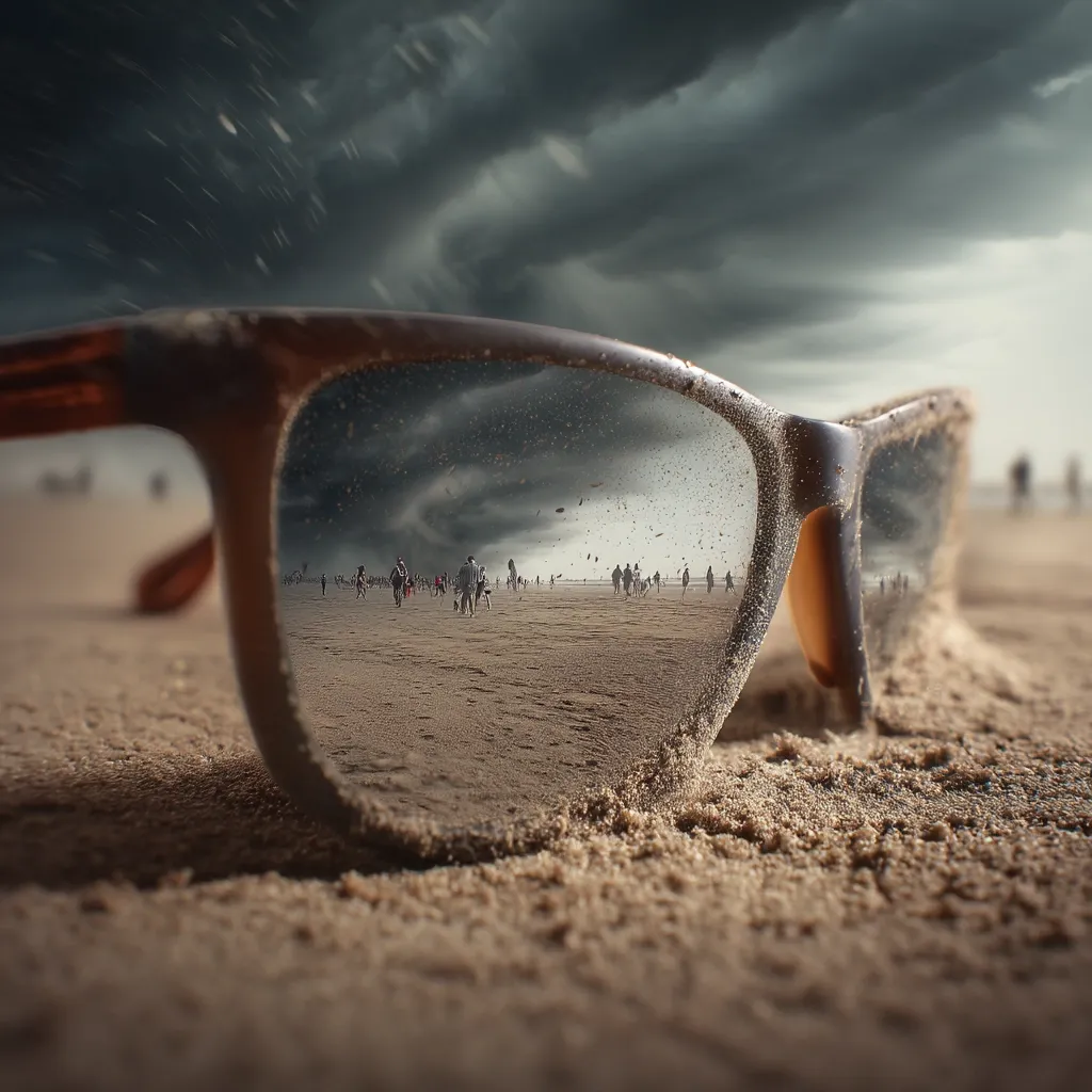 A pair of sandy sunglasses rests on a beach, their lenses reflecting a dramatic scene.  A large, dark storm cloud looms overhead, while in the foreground, small figures of people stroll along the shoreline. The contrast between the impending storm and the oblivious beachgoers creates a captivating visual.  Sand clings to the frames, adding texture to the image.