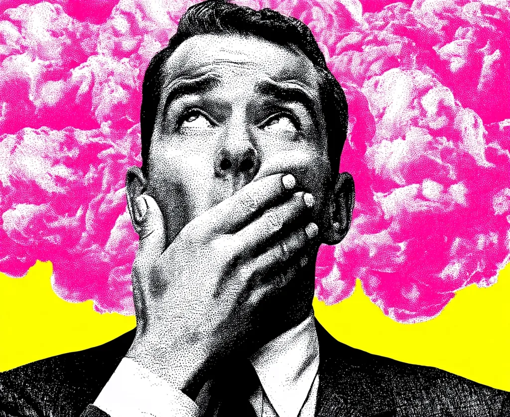 A stylized illustration depicts a man in a suit, his hand covering his mouth, eyes wide with a look of shock or apprehension.  Behind him, a vibrant pink cloud-like form suggests a mental explosion or overwhelming thoughts. The bold colors and graphic style create a striking visual of suppressed emotion or internal conflict.