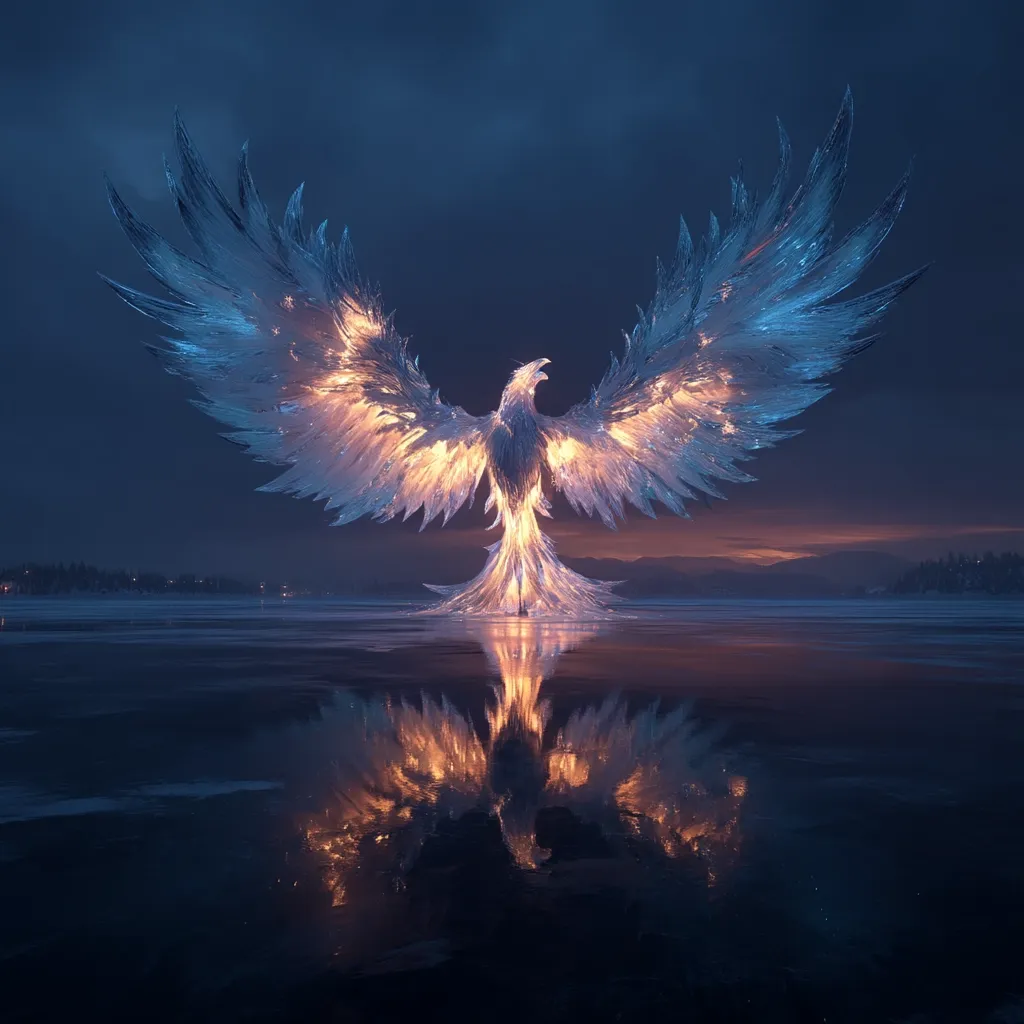 A majestic phoenix, rendered in a crystalline style, stands on a frozen lake at twilight.  Its wings are spread wide, emitting a warm, golden light that contrasts with its icy blue form. The phoenix is perfectly reflected in the still water, creating a breathtaking and symmetrical image.  The dark sky and distant shoreline enhance the mystical atmosphere.