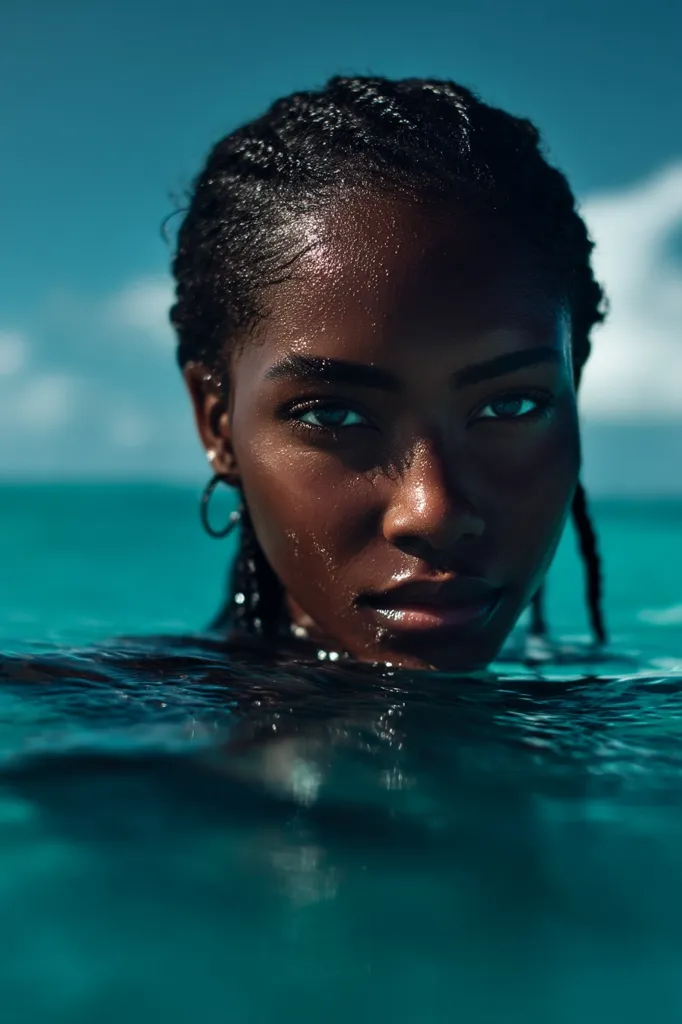 A close-up portrait of a young Black woman with dark skin and braided hair, partially submerged in teal water.  Her face is captivating, with intense eyes and a serious expression.  The sunlight glistens on her wet skin. The image is striking in its contrast of skin tones and the surrounding water.  The overall mood is serene yet powerful.