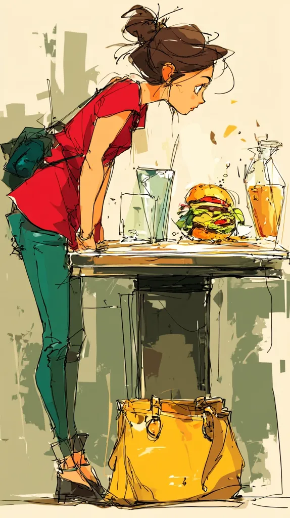 A stylish young woman with a bun gazes intently at a juicy burger on a table.  She's dressed in a red top and teal pants, a teal bag slung over her shoulder.  A yellow handbag rests by her feet.  Drinks and a bottle of juice sit beside the burger, hinting at a casual lunch or quick meal. The art style is loose and expressive, with visible brushstrokes.