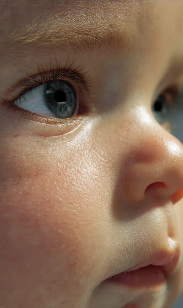 Close-up of a baby's face, showcasing delicate skin texture and a soft gaze.  The image focuses on the eye, nose, and mouth, highlighting the fine details of a young child's features.  The baby's skin is smooth with a subtle peachy tone, and the light catches the fine hairs on the face.  The overall impression is one of innocence and vulnerability.