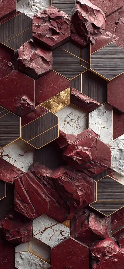 A striking abstract image features a geometric pattern of hexagons.  Deep burgundy, textured rock-like forms fill some hexagons, contrasting with sleek dark wood-grained hexagons outlined in gold.  Cracked white and gold accents add visual interest to this richly colored, textured design.  The interplay of organic and geometric shapes creates a sophisticated and visually captivating composition.