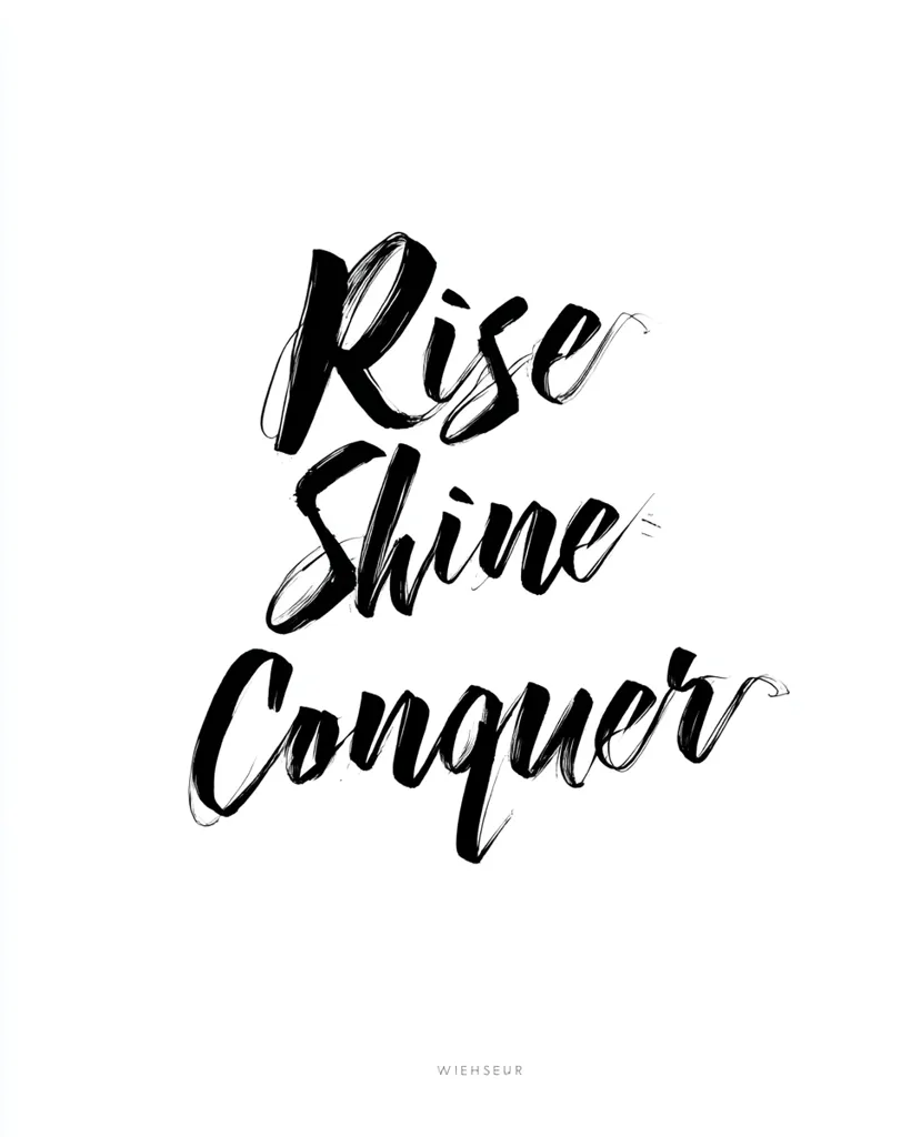 A motivational poster features the words "Rise," "Shine," and "Conquer" in bold, stylized black brush lettering against a clean white background.  The typography is expressive and dynamic, conveying a sense of empowerment and ambition.  A small, barely visible signature is present at the bottom.