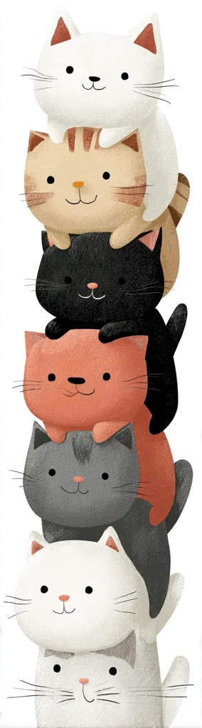 A stack of adorable cartoon cats, each perched on the one below.  The cats are various colors – white, tan, black, orange, and gray – and have sweet, simple expressions. The bottom cat is white, creating a playful and charming image.  The illustration style is soft and textured, adding to their cuddly appeal.