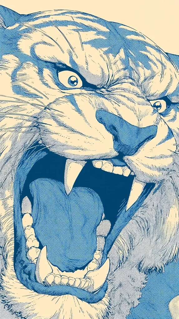 A detailed close-up illustration of a tiger's roaring face.  Rendered in a blue and cream halftone style, the image emphasizes the tiger's sharp teeth, intense eyes, and powerful jaw.  The fur is meticulously depicted, creating a sense of texture and ferocity. The overall style evokes a vintage or comic book aesthetic.