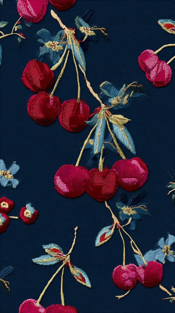 A navy blue fabric features an embroidered pattern of red cherries on gold stems. The cherries are richly colored, with variations in shading to create depth.  Delicate blue-green leaves and small flowers complement the fruit, adding a touch of whimsy to the design. The embroidery is detailed and creates a luxurious texture. The repeating pattern is evenly spaced across the fabric.