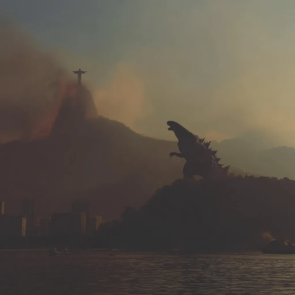 A dramatic silhouette of Godzilla looms over a hazy Rio de Janeiro, the Christ the Redeemer statue visible in the background on Corcovado mountain.  A smoky atmosphere hangs in the air, obscuring the city skyline.  The scene is dark and ominous, suggesting an impending confrontation between the monstrous creature and the iconic landmark.  The water in the foreground is calm, yet the overall mood is one of tension and impending disaster.