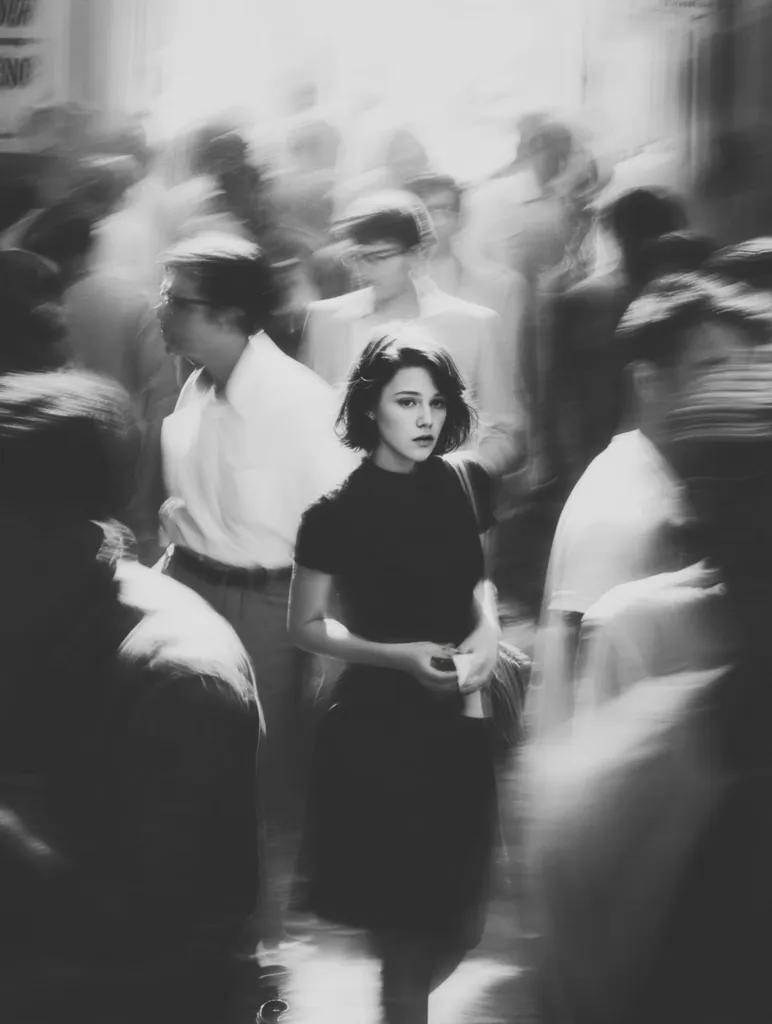 A young woman with short hair stands out in a bustling, blurred crowd.  She's dressed in a dark, simple dress, holding something small in her hands. The monochrome image emphasizes her stillness against the motion of the anonymous figures surrounding her, creating a sense of isolation amidst the urban anonymity.  The overall effect is one of quiet contemplation in a busy environment.