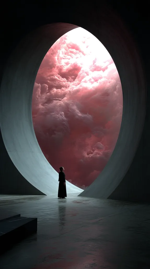 A lone figure in a dark robe stands within a minimalist, curved concrete structure.  A large, oval opening reveals a dramatic, surreal sky filled with vibrant pink clouds. The contrast between the stark architecture and the ethereal cloudscape creates a striking and contemplative scene. The image evokes a sense of mystery and awe.