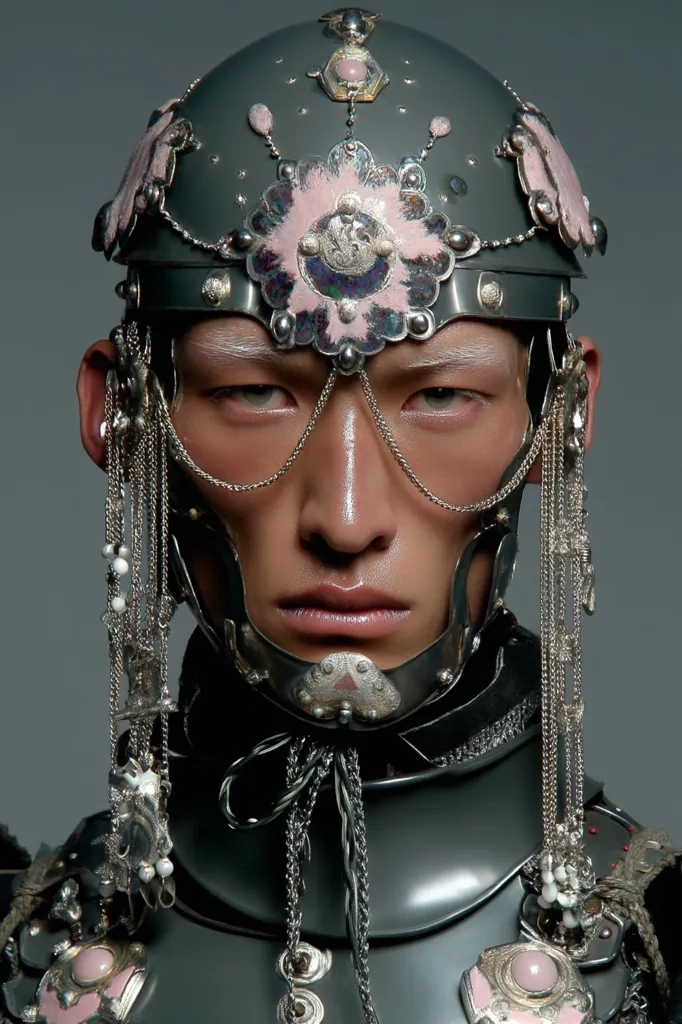 A close-up shot reveals a person adorned in an elaborate, dark gray helmet and armor.  The helmet is intricately detailed with silver embellishments, pink accents, and dangling chains.  The model's face is partially obscured, showcasing a stern expression. The overall aesthetic blends futuristic elements with traditional Asian-inspired designs, creating a striking and mysterious image.