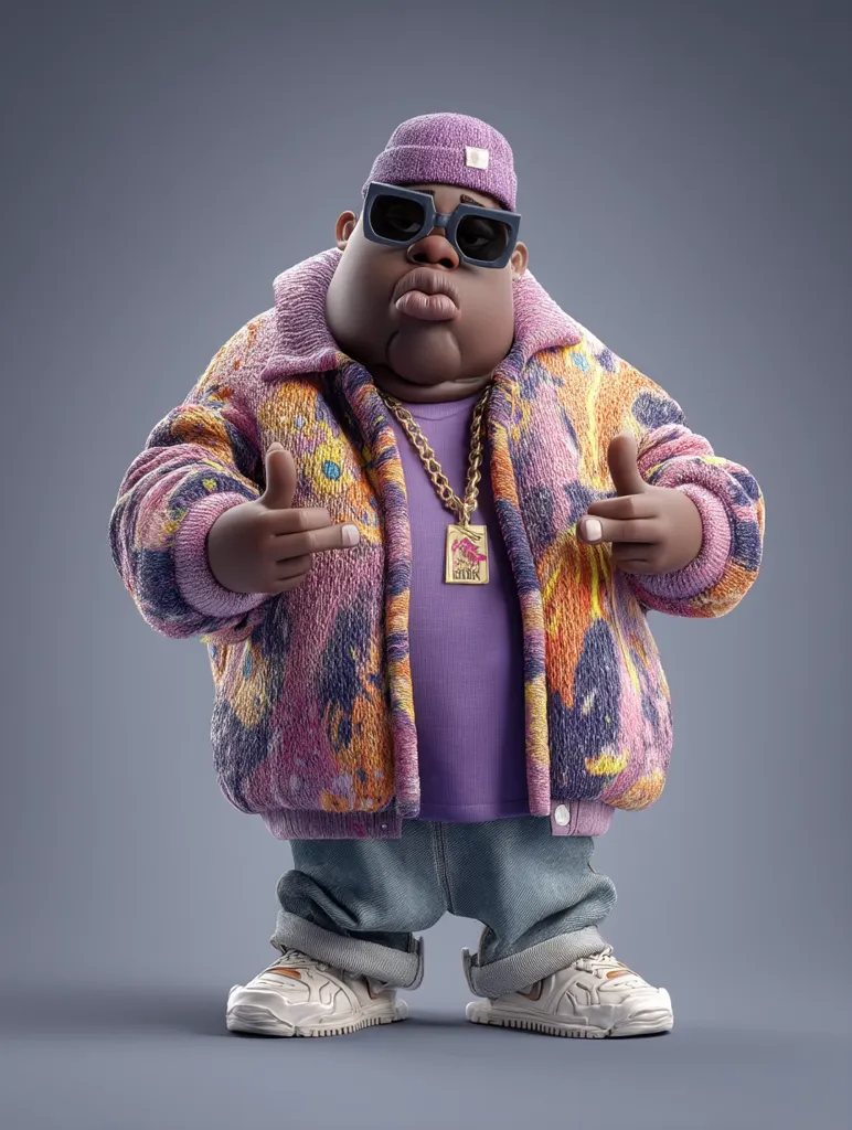 A 3D-rendered cartoon character, styled like a 1990s hip-hop artist, is depicted.  He's a large, dark-skinned figure wearing oversized sunglasses, a purple beanie, a vibrant multicolored fleece jacket, a purple shirt, loose jeans, and chunky white sneakers.  He sports a thick gold chain with a pendant and strikes a confident pose, hands gesturing outwards. The overall style is playful and reminiscent of classic hip-hop imagery.