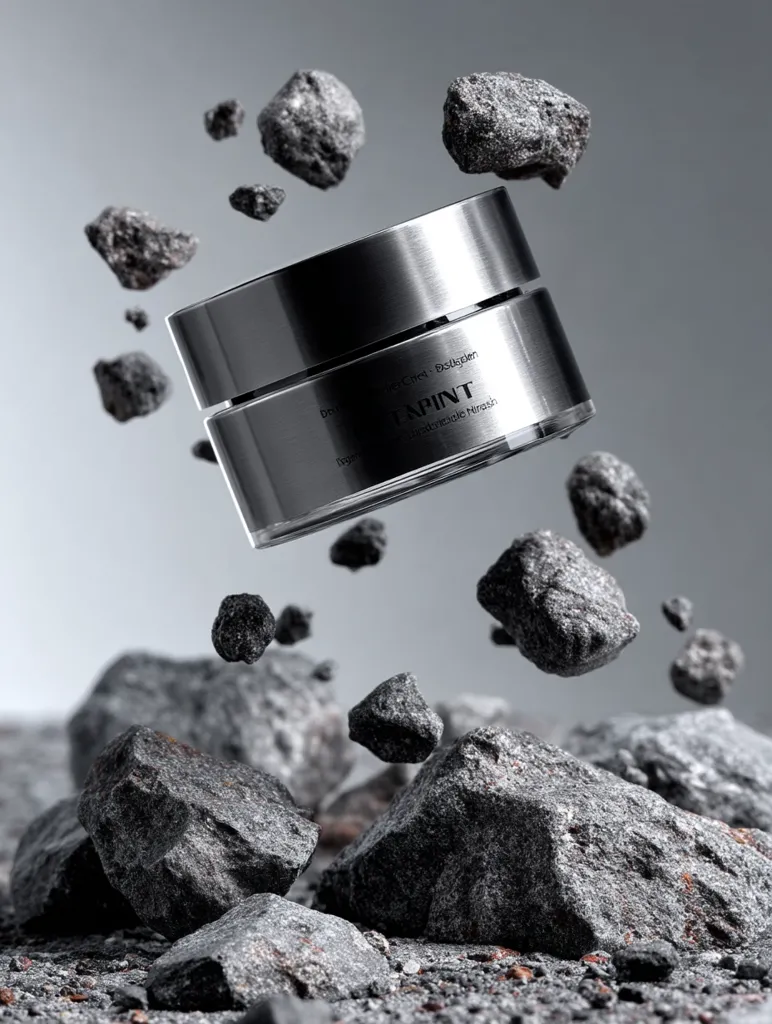A silver jar of L'APINT Absolute Miracle cream floats amidst a shower of dark gray, rough-hewn rocks.  The jar's metallic sheen contrasts sharply with the matte texture of the stones, creating a dramatic visual.  The overall composition suggests a luxurious, high-end skincare product with a powerful, natural ingredient.  The scene is minimalist and evocative, drawing attention to the product's unique quality.