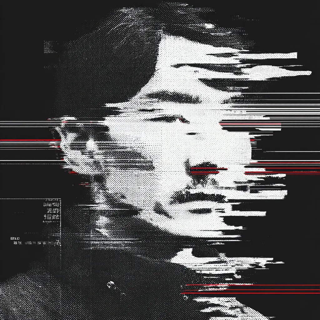 A stylized portrait of a man's face, rendered in black and white with a heavy digital glitch effect.  Horizontal streaks of red and white distort the image, creating a fragmented and almost abstract representation. The style suggests a blend of digital art and film noir, hinting at themes of surveillance, data corruption, or a broken memory.  The overall mood is dark and mysterious.