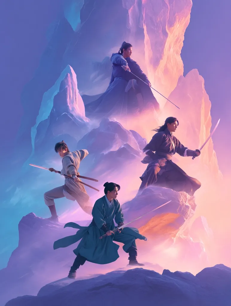Four figures, clad in flowing robes, wield swords amidst a dramatic, mountainous landscape bathed in soft, purple and orange hues.  They stand on snow-covered peaks, poised in dynamic fighting stances. The artwork evokes a sense of martial arts mastery and mystical adventure, suggesting a scene from a fantasy film or a wuxia story. The overall aesthetic is dreamy and evocative.