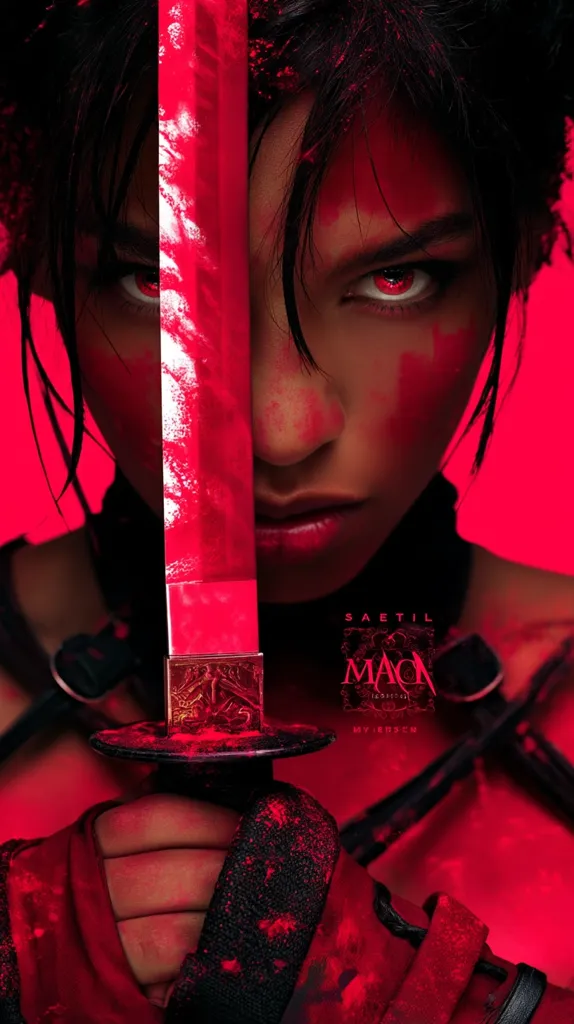 A close-up shot reveals a woman's intense gaze, her face partially obscured by a blood-red katana.  Crimson paint splatters her skin and clothing, enhancing the dramatic lighting. The image is stylized, possibly a movie poster or video game art, with the title "SAETIL MACE" subtly displayed. Her grip on the sword is firm, conveying strength and determination.  The overall mood is fierce and captivating.
