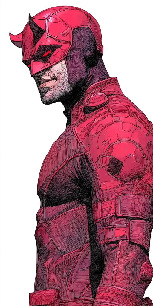 A stylized illustration of Daredevil, the Marvel Comics superhero.  Rendered in shades of red, the artwork emphasizes the texture of his suit and the lines of his face. He's depicted in profile, his iconic horned helmet casting a shadow across his features. The image is a blend of comic book style and detailed pen-and-ink rendering.