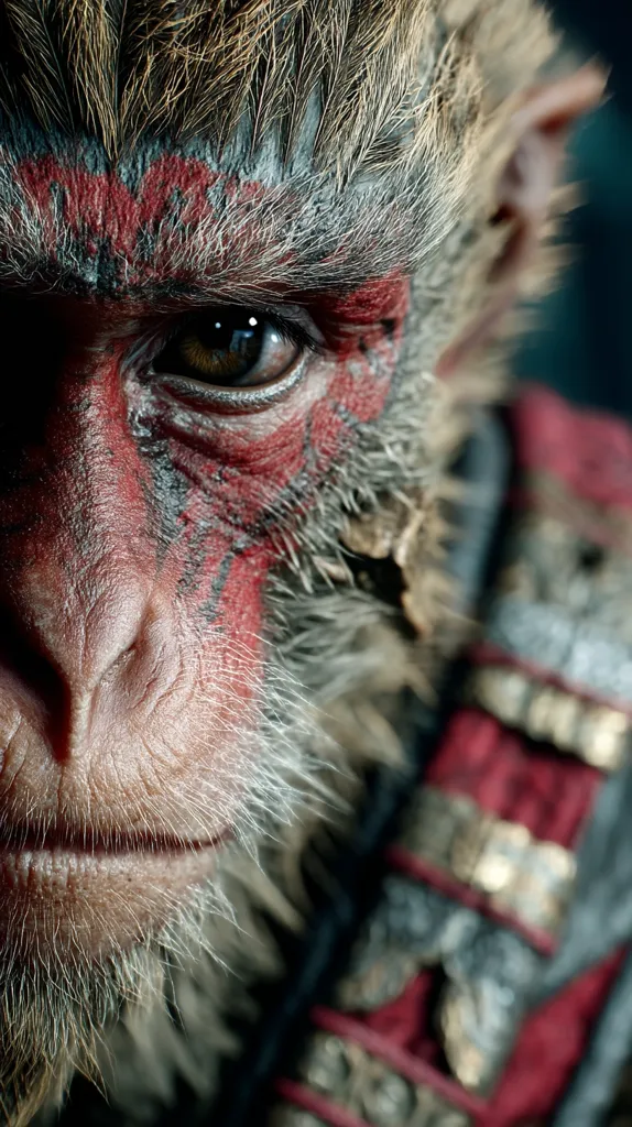 A close-up shot reveals the intense gaze of a monkey, its face adorned with intricate red markings.  The monkey's fur is textured and detailed, and its expression is serious and compelling.  A portion of its dark, ornate clothing is visible, adding to the image's dramatic effect. The focus is sharply on the monkey's eye and facial features.